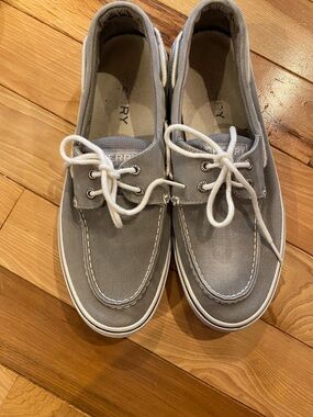 Sperry Gray Canvas Boat Shoes with White Laces